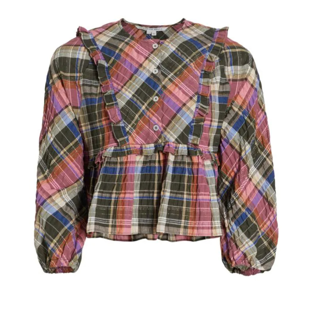 VERONICA BEARD Katalina Colorful Plaid Praire Lagenlook Ruffle Bib Blouse‎ - Picture 3 of 8